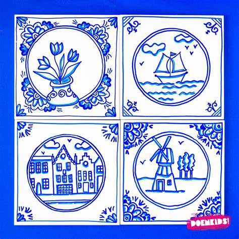 Blauwe Delfts-blauwe tegel: illustratie van het bekende Delftse patroon