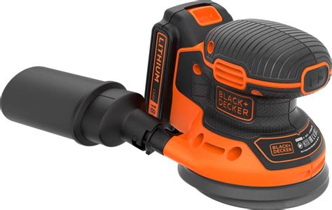 Close-up van de stofopvangzak van een Black & Decker schuurmachine