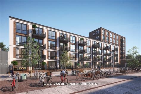 Illustratie van een appartementencomplex met nadruk op geluidsisolatie tussen de verdiepingen.