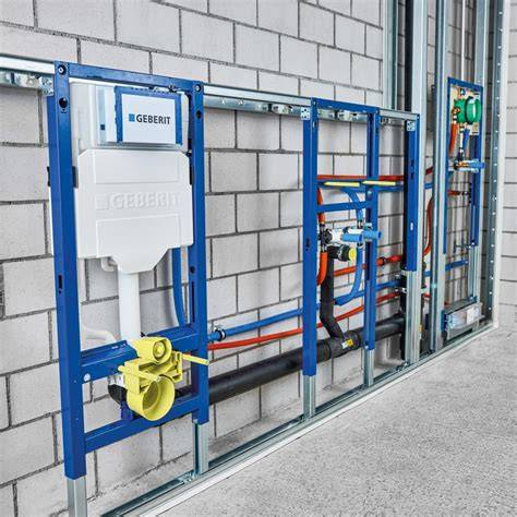 Infographic overzicht van Geberit Duofix installatie-element met frame, afvoer en wateraansluitingen