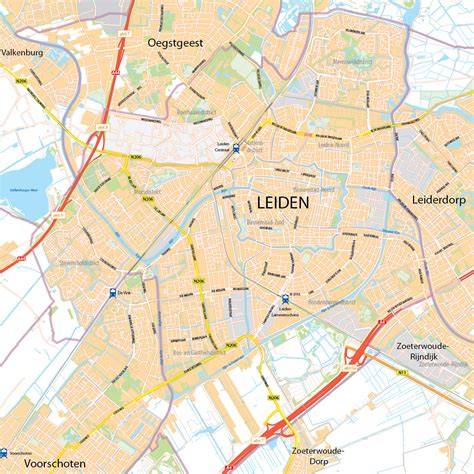 Iconische kaart van Leiden met aanduiding van belangrijke wijken voor cv-onderhoudgebieden