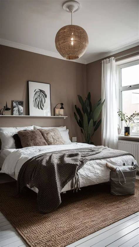 Afbeelding: Taupe behang in slaapkamer met warme accenten