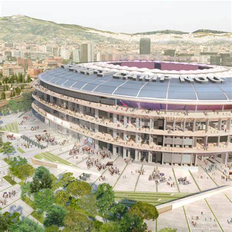 Impressie van de toekomstige Camp Nou-structuur met transparant dak en zonnepanelen