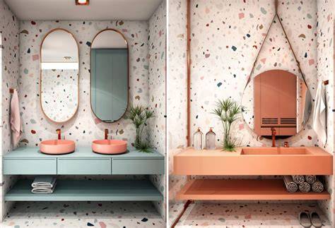 Inspirationele retro badkamer afbeeldingen met terrazzo en pastelkleuren