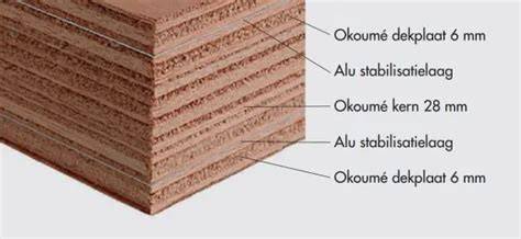 Infographic: Opbouw van de Aluplex deurplaat met twee aluminium dampremmende lagen en okoume kern