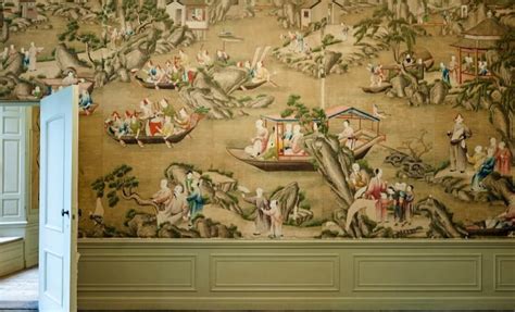 Gedetailleerde foto van het Chinese panoramabehang in de Chinese Salon van Oud-Amelisweerd
