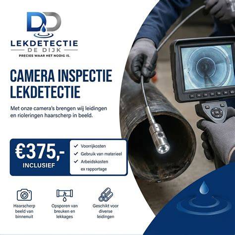 Diagram van lekdetectie met sensoren en camera-inspectie