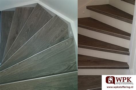 Afbeelding van verschillende trapbekleding opties: hout, PVC, laminaat, staal