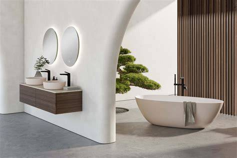 Fotomural van een badkamer met natuursteenlook en Villeroy & Boch keramiek
