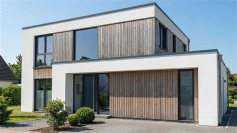 Voorbeeld van moderne gevelcompositie met crepi en hout