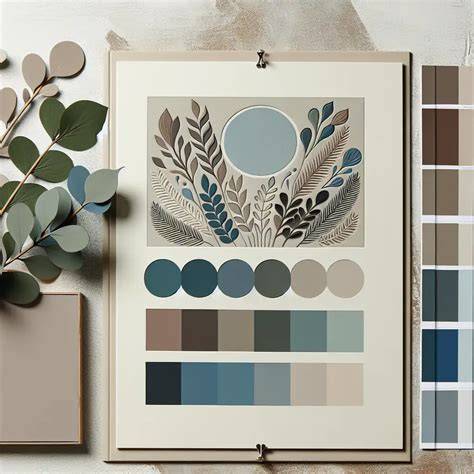 Illustratie: kleuradvieskaart met combinaties van blauw, wit en houttinten