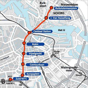 kaart met traject Amstelveenlijn en Noord/Zuidlijn