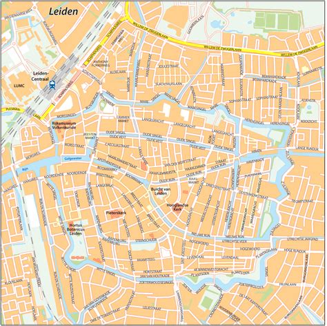 Infrarote kaart en historische plattegrond van de binnenstad van Leiden met aanduiding van de 1e tot 5e Binnenvestgracht en de Doelengracht