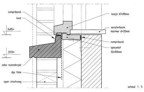 doorsnede detail klapraam met waterafvoer, kitvoeg en ventilatieprofiel