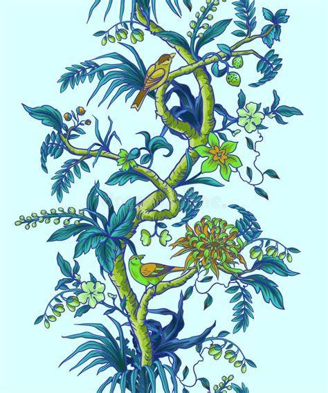 Illustratie van vogels tussen bloemen en takken