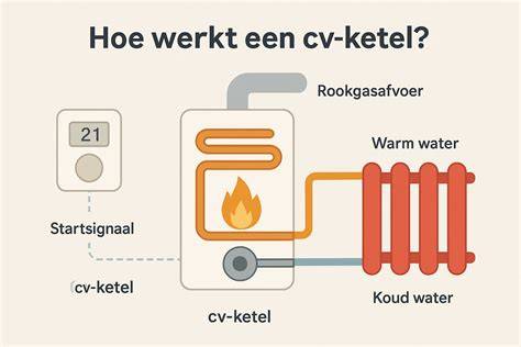 Infographic: Schematische weergave van een modulerende cv-ketel die thermostaatsignalen omzet in geleidelijk vermogensaanpassing