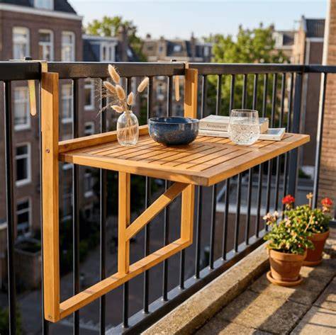 Illustratie: overzicht stap-voor-stap montage van een inklapbare balkontafel aan schutting