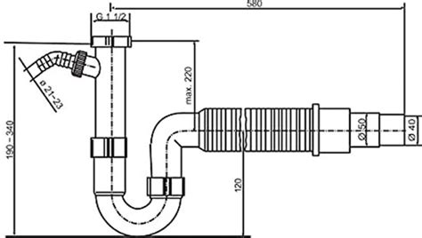 Diagram: Installatievolgorde van gootsteenafvoer met sifon, staartstuk en muurafvoer