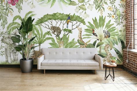 Collage van verschillende dierenbehang patronen: bosdieren, jungle dieren, dinosaurussen