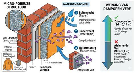 Diagram van hydrofoberende vs. dampopen verf voor buitenstucwerk