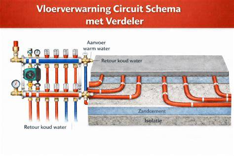 Diagram: verdeler en doorstroom in vloerverwarmingssysteem