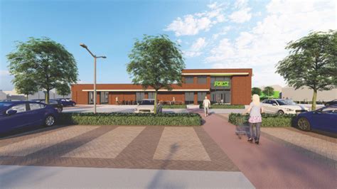 Impressie van de nieuw te bouwen Poiesz supermarkt in Balkbrug, met focus op moderne architectuur en ruime parkeergelegenheid.