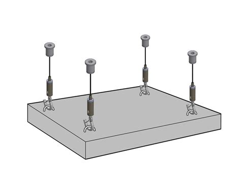 Conceptbeeld van plafondbevestiging met plafondsteunen en afmetingen