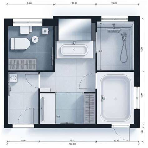 Informatieve plattegrond van badkamer met afmetingen en leidingen