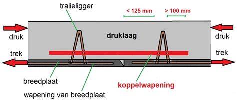 Schematische weergave: breedplaatvloer met sparingen en tralieliggers