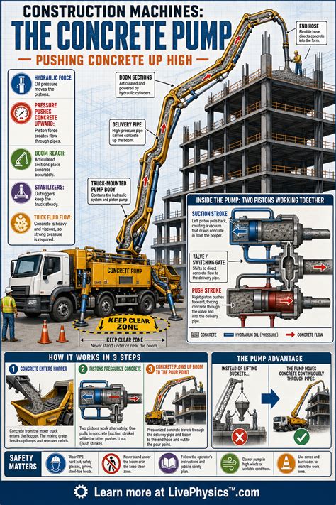 Infographic: how a concrete pump works and typical deployment on a construction site