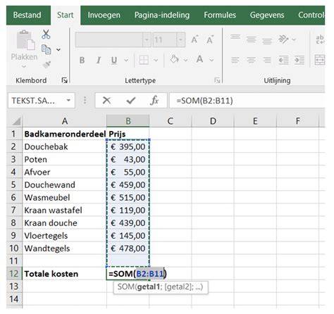 Voorbeeldtabel: kosten per kamer en totaal