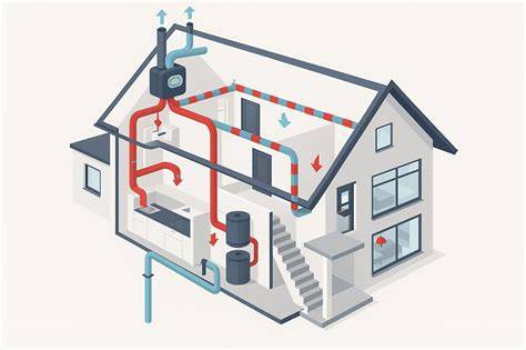 Diagram: ventilatie- en rookgasafvoeroverwegingen bij vervanging