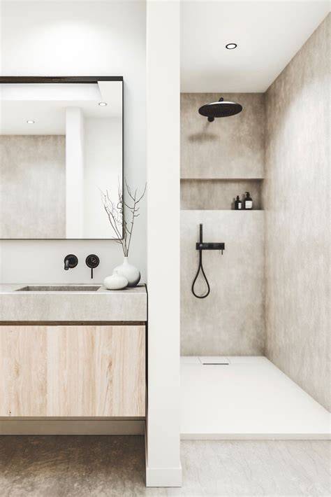 Scandinavische betonlook badkamer met inloopdouche
