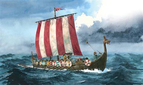 Foto: Vikingschip als illustratie op wereldkaartbehang