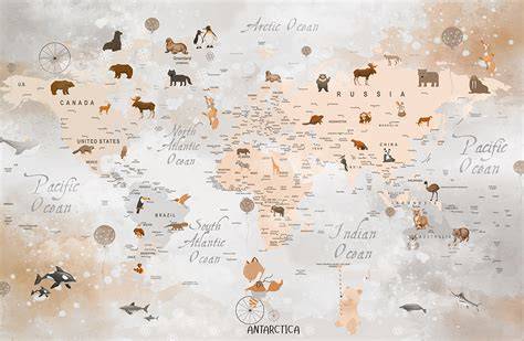Illustratie: wereldkaart met dieren en vliegtuigen