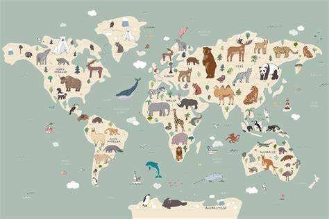 Foto: Wereldkaart met dieren en caravan-elementen