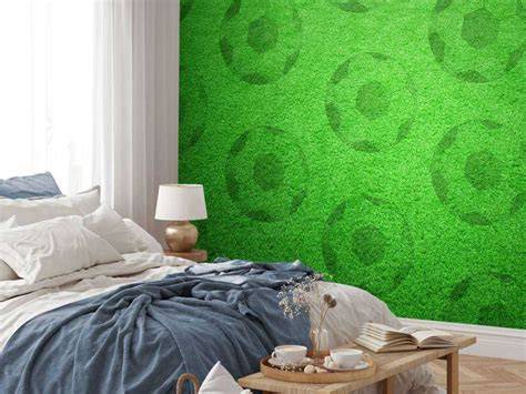 Fotobehang met transparante voetballen op groene achtergrond voor een sportieve babykamer.