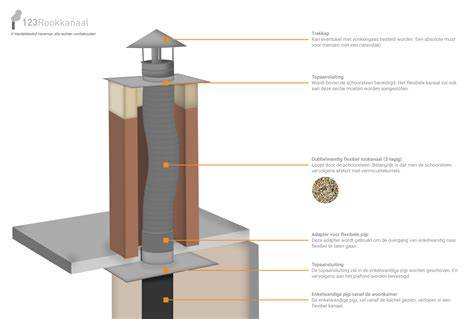 Infographic: bouwdelen van een schoorsteen (onder- en bovenkap, voegwerk, rookkanaal, dakafdichting)