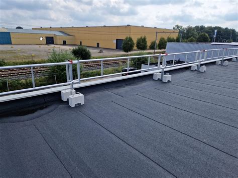 Illustratie van de RSS Dakrandbeveiliging met beton blokken op een plat dak.