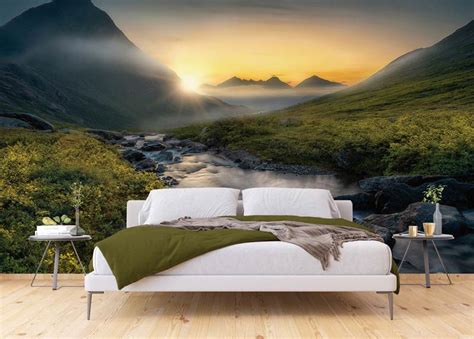 Slaapkamer met fotobehang van een natuurlandschap