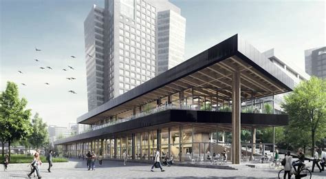 Artistieke impressie van het circulaire paviljoen van ABN AMRO met groen aangebracht op dak en gevels