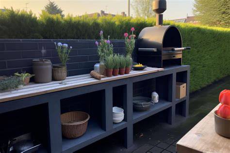 Tuinontwerp met betonnen U-profiel in verschillende toepassingen zoals tafel, zitjes en kruisingen