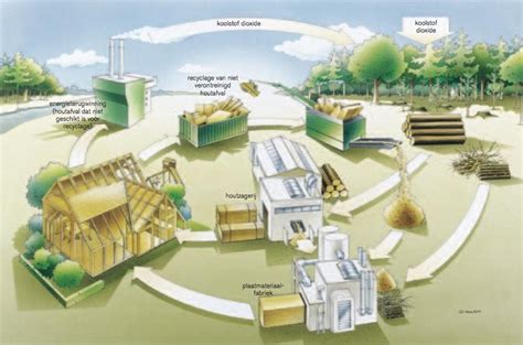 Illustratie van verschillende duurzame bouwmaterialen zoals hout, stro en vlas.