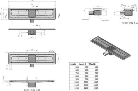 Schematische weergave van een RVS douchegoot met specificaties zoals afmetingen, aansluiting en inbouwdiepte.