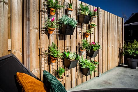 Voorbeeld van een schutting die is omgetoverd tot een verticale tuin met diverse Elho plantenbakken