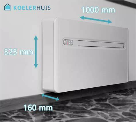 Illustratie van vloerconvector inbouw met twee luchtstromen en afmetingen