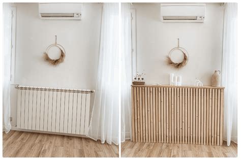 Illustratie van een standaard radiator die bedekt wordt door een stijlvolle ombouw.