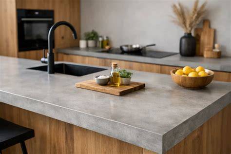 Detailfoto van een maatwerk betonnen blad in een moderne keuken