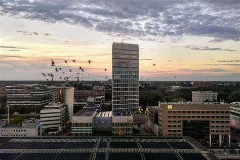 Sticker: rooftop panorama van Eindhoven bij zonsondergang
