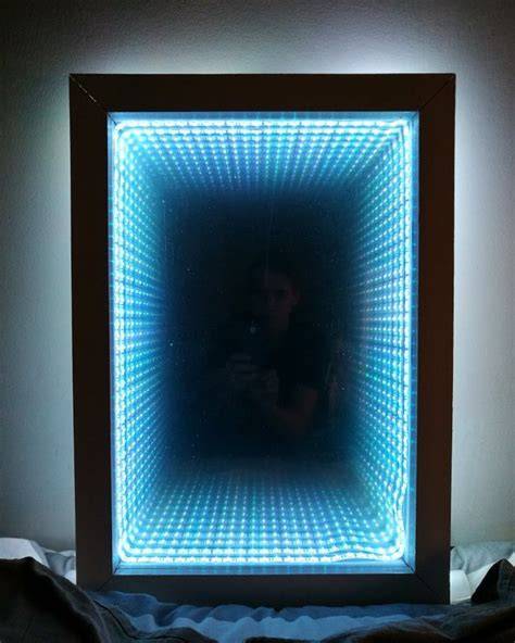 Infinity mirror lay-out diagram: frame, LED-strip, plexiglas met halfdoorlatende folie, spiegel, achterplaat